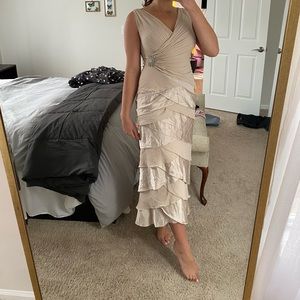 Satin and silk evening dress with start fish broach detailing